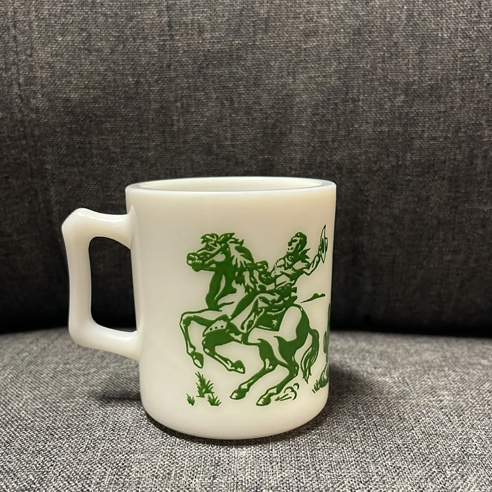 Vintage 1950’s Hazel Atlas Green Hopalong Cassidy White Milk Glass Mug